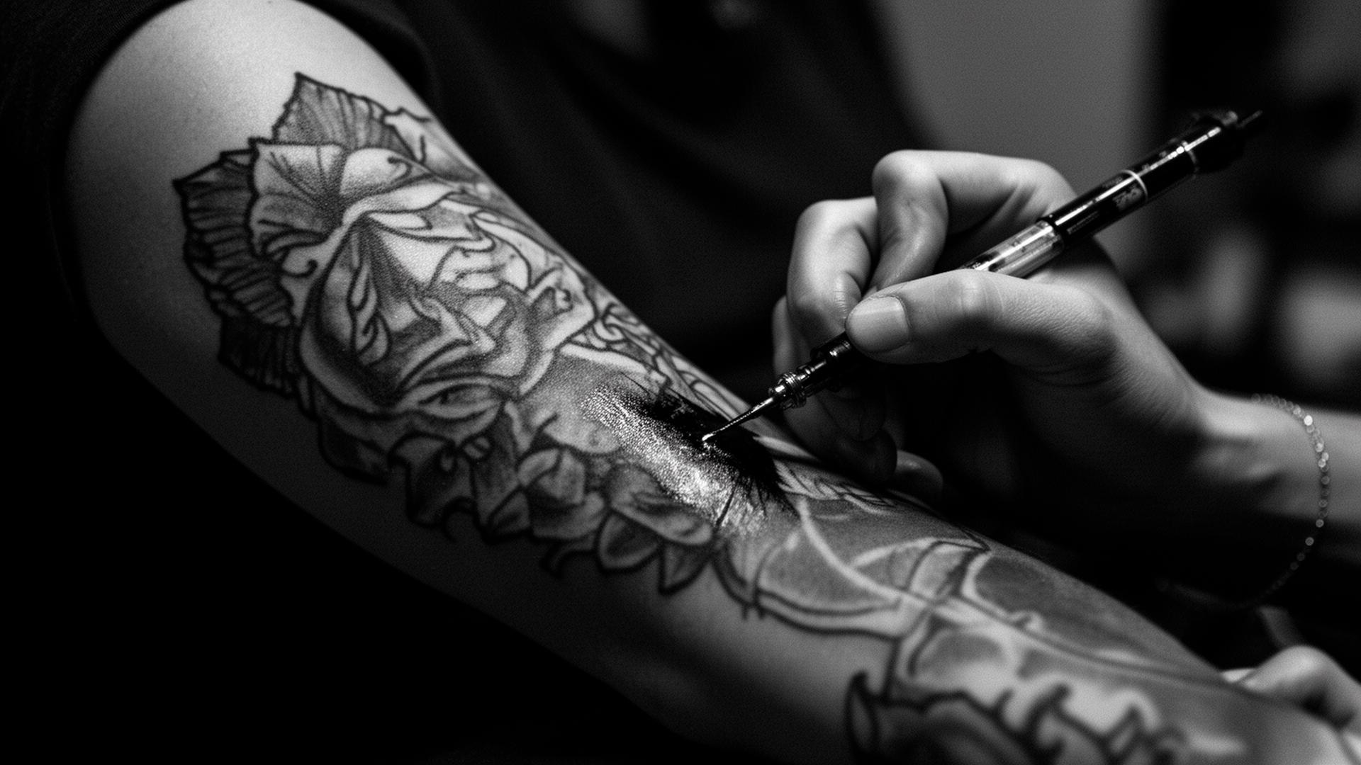 Tattoo wird auf einem Arm gestochen, schwarz-weiß